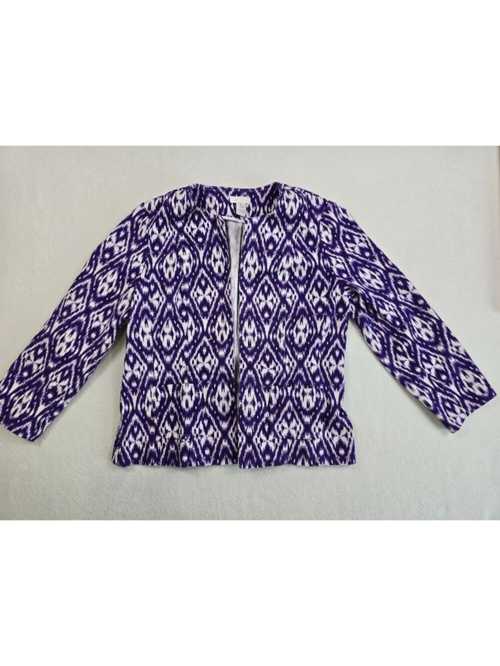 Chicos 0 Small Purple & White Ikat Open Front Blazer Jacket
